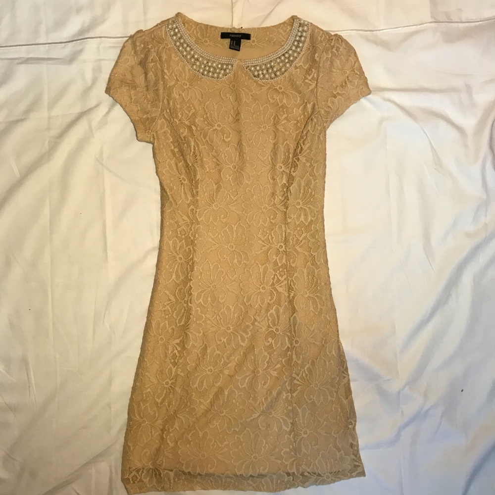 Beige Lace Dress with Pearl Details